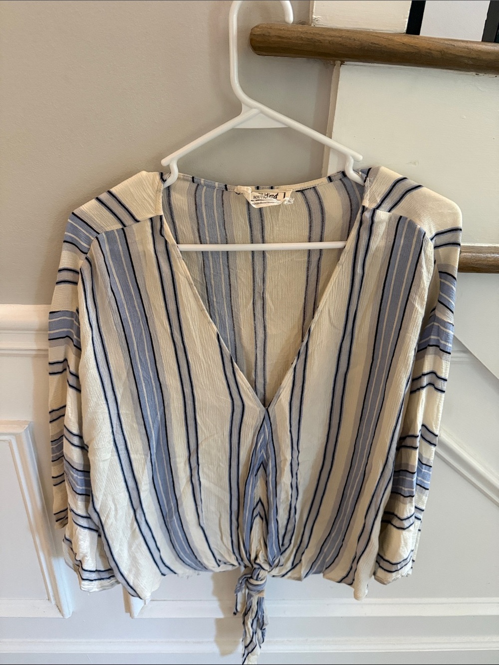 Striped Tie-Front V-Neck Blouse - Cream & Blue